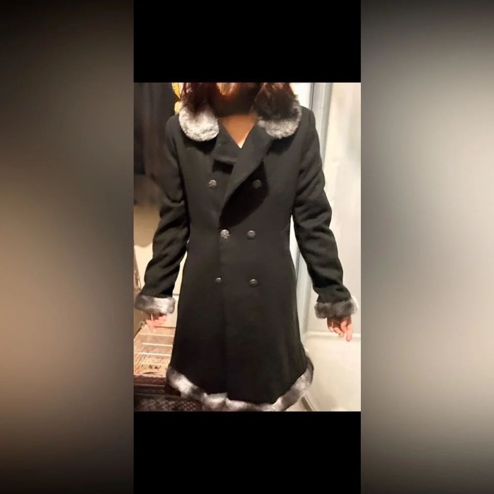 Vintage Rothschild Black Winter dress Pea Coat with Gray Fur Trim - Picture 10 of 11